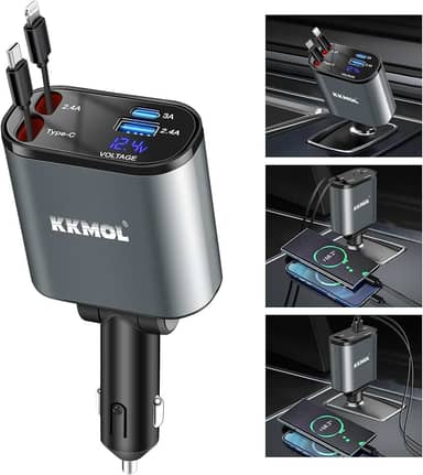 KKMOL Carregador retrátil para carro, 4 em 1, rápido de 100 W, com 2 cabos e tela de tensão de porta tipo C, compatível com iPhone 15Pro Max/14/13/12/11, Galaxy S23/S22