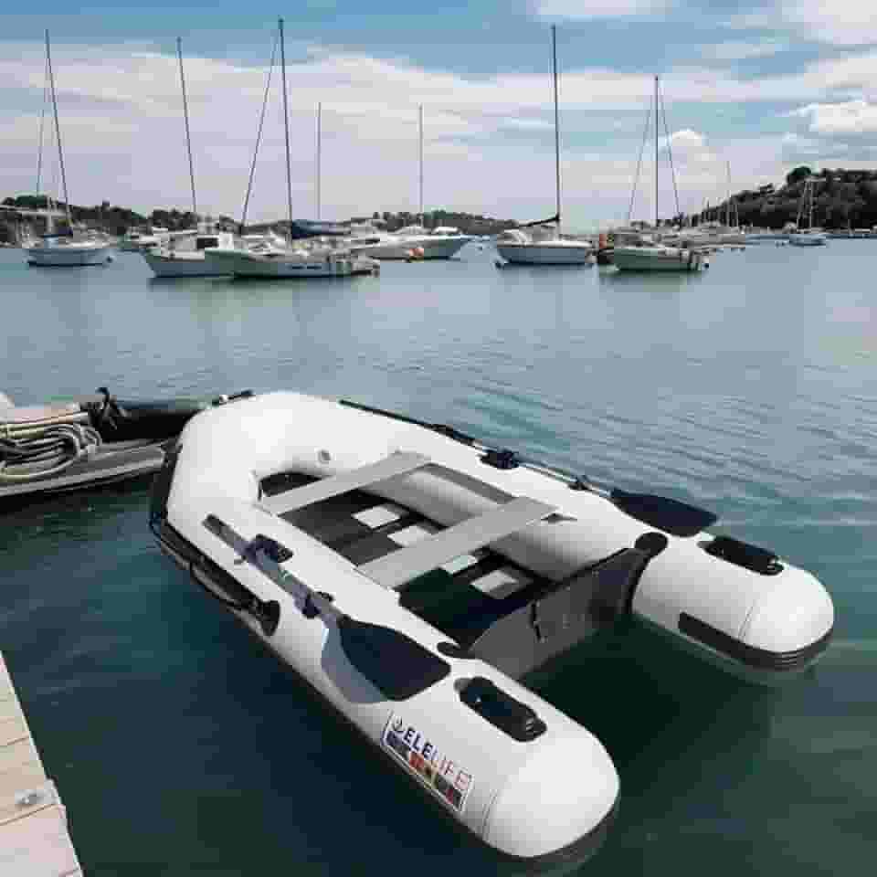 Barco inflável de 2,5 m, bote portátil para 3 a 4 pessoas, placa de assento de alumínio de fileira dupla, piso de alumínio de camada dupla, barco pequeno inflável para pesca esportiva, com