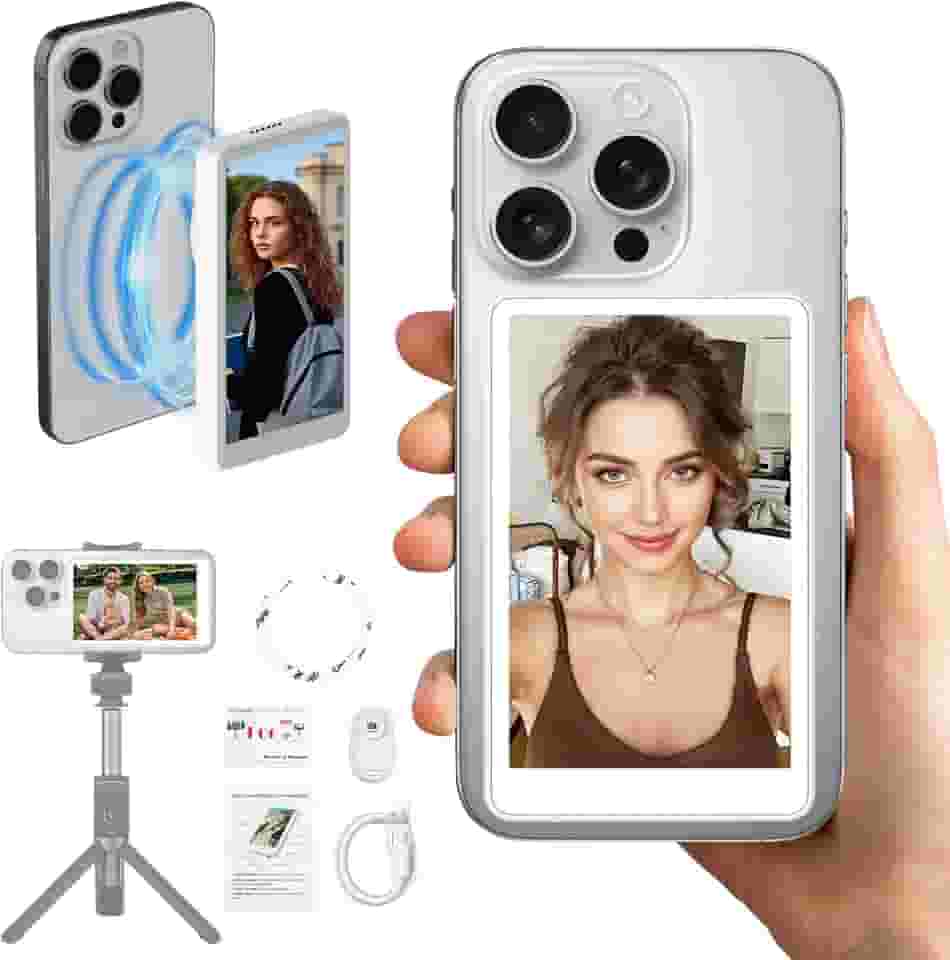 Tela de monitor de selfie Vlog, tela magnética para celular Vlog Selfie, controle remoto Bluetooth 4K 30fps, câmera traseira sem fio para vlog de selfie, compatível com iPhone e Android (branco