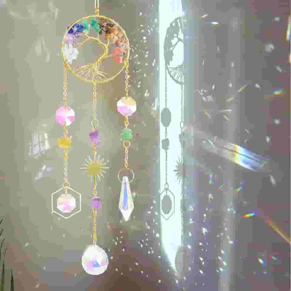 Apanhador de sol de cristal, árvore da vida de 7 chacras para pendurar em janelas internas, apanhadores de sonhos para carro, espiritual, criador de arco-íris, decoração de jardim e casa
