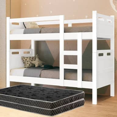 Beliche Conversível em Camas de Solteiro com 2 Colchões D20, MDF, Suporta 100kg, 205x94x156cm (Branco)