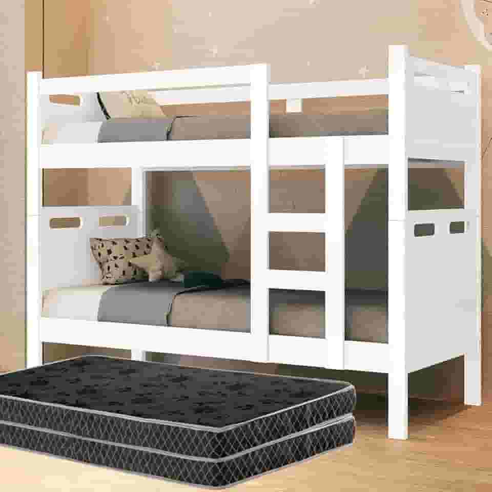 Beliche Conversível em Camas de Solteiro com 2 Colchões D20, MDF, Suporta 100kg, 205x94x156cm (Branco)