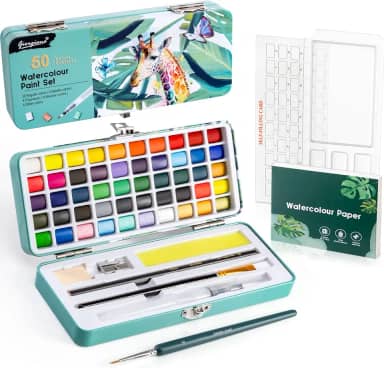 Prudiut Conjunto de tinta aquarela, 50 cores, conjunto de aquarela com papel aquarela, paleta, pincéis, ideal para adultos crianças iniciantes artistas