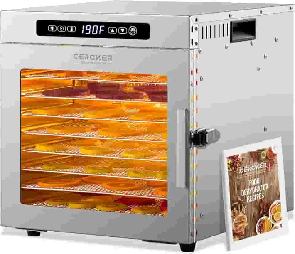 Máquina desidratadora de alimentos, 9 bandejas de aço inoxidável, desidratador de frutas de 1000 W, desidratador de carne de 7,7 pés quadrados para ceca, controlo de temperatura de 190ºF,