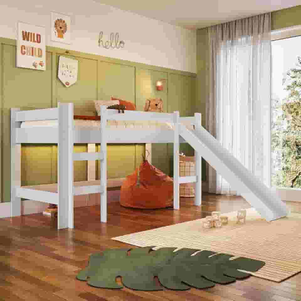 Cama Infantil Elevada Casinha Menino Menina Solteiro 202cm com Escada e Escorregador