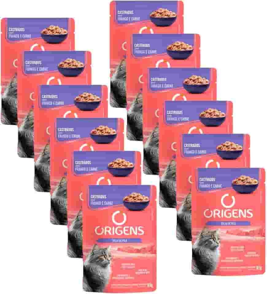 Ração Úmida Origens Sachê Gatos Castrados Frango e Carne 85g 12 Unidades