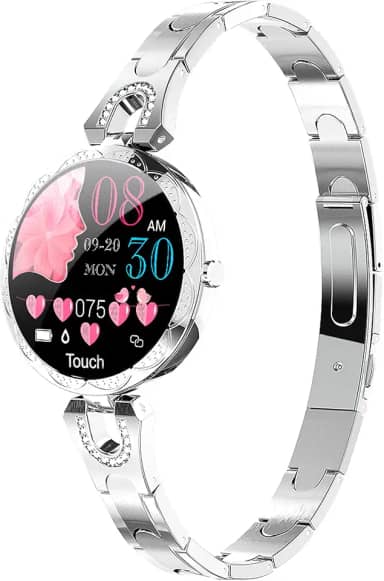 Pulseira de relógio inteligente de ouro rosa feminina elegante monitor de atividades com pedômetro caloria monitor de sono exercício de ritmo cardíaco pulseira de aço inoxidável, Prata