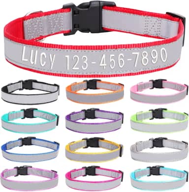 Coleira de cachorro bordada personalizada com nome e número de telefone do animal de estimação, coleiras de tamanhos ajustáveis personalizadas com fivela de liberação rápida e anel em D para cães