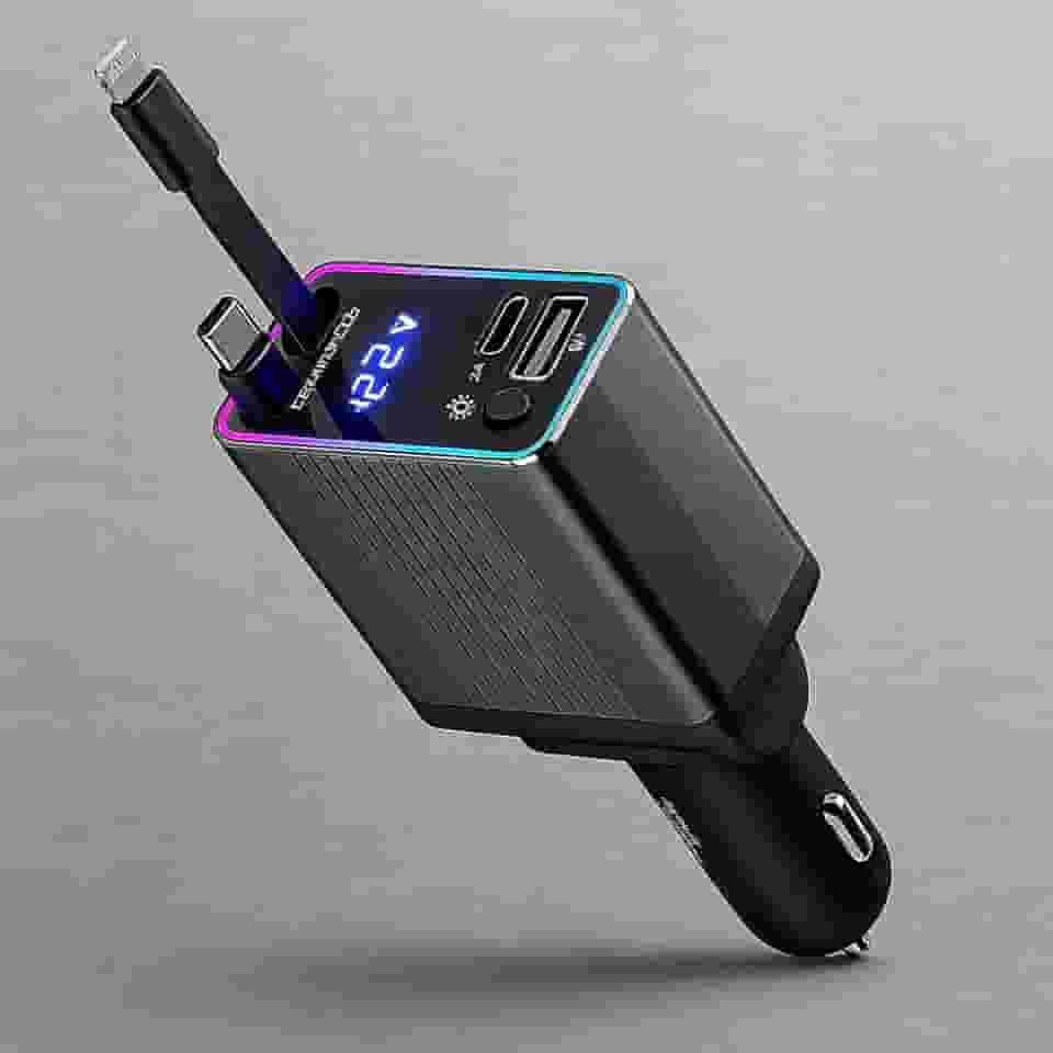 Carregador Premium De Carro Retrátil 4 Em 1 Com Cabo Tipo C E Iphone, USB Duplo, 120W, Tela De Voltagem E Carregamento Rápido Marca VARENZIA