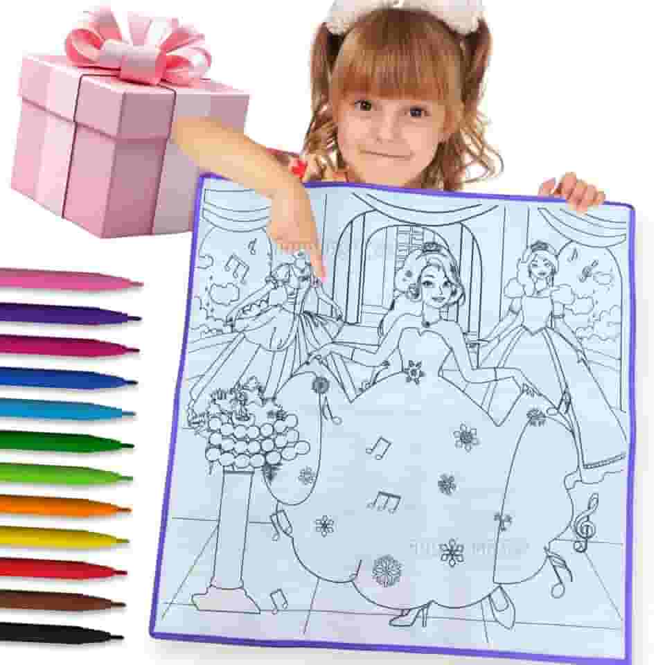 Kit Tapete Infantil Para Colorir Lavável Reutilizável com 12 Canetinhas Brinquedo Educativo Criativo Sustentável Menino Menina Coordenação Motora Criatividade Presente Natal Crianças (Princesas)