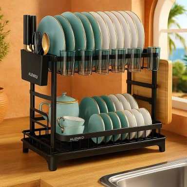 Escorredor de Louça Inox de 2 Níveis ALENKO Preto com Suporte para Talheres Tábua Copos e Pratos Drenagem Automática Escorredor de Louça Inox Compacto Moderno