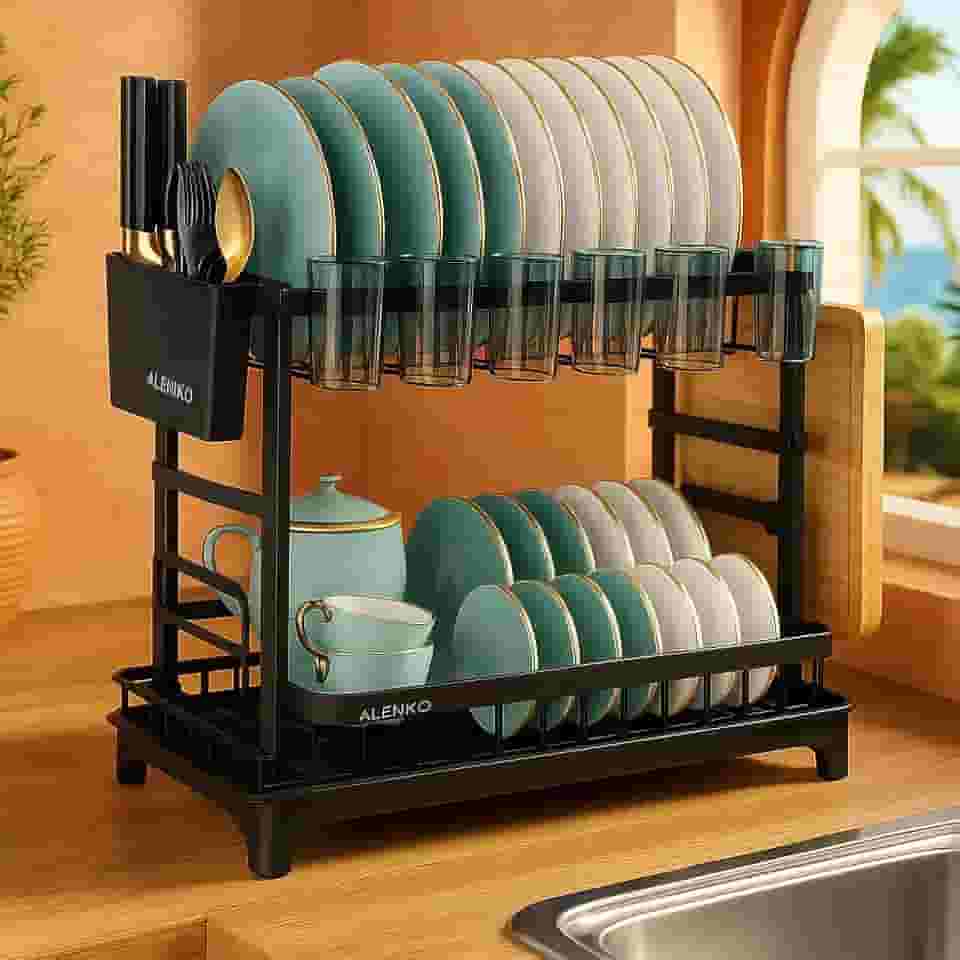 Escorredor de Louça Inox de 2 Níveis ALENKO Preto com Suporte para Talheres Tábua Copos e Pratos Drenagem Automática Escorredor de Louça Inox Compacto Moderno