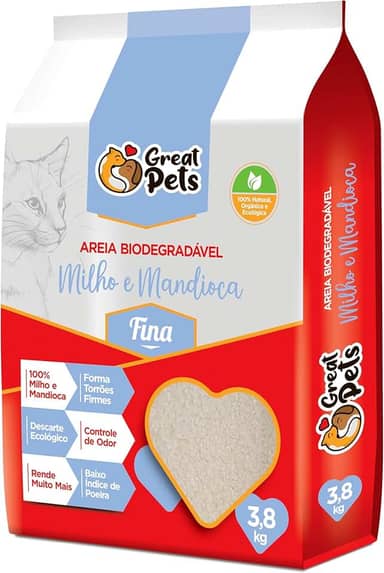 Areia Biodegradável Milho E Mandioca Fina Great Pets 3,8kg