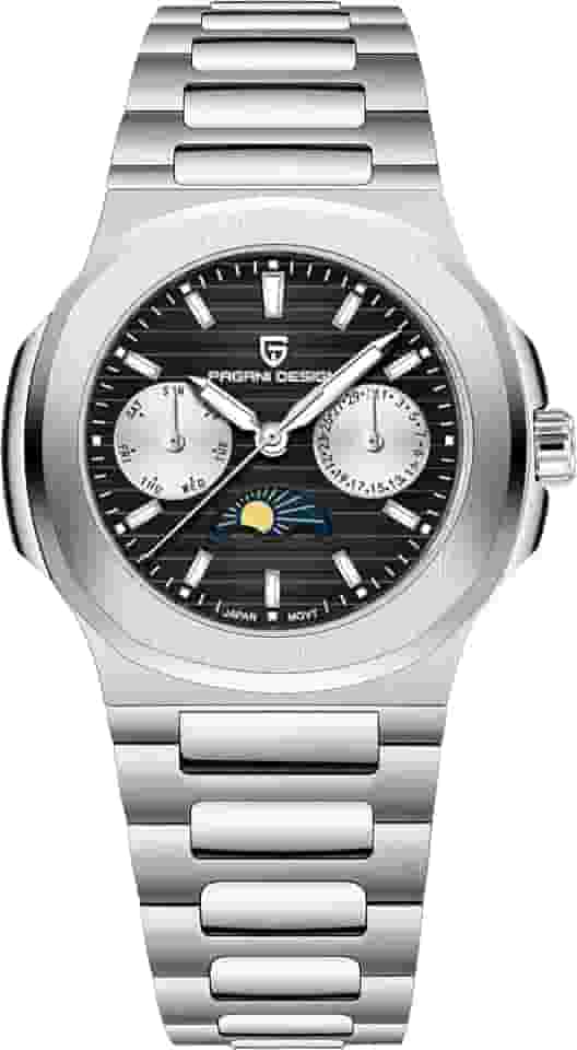 Pagani Design Relógio de pulso feminino luxuoso de quartzo multifuncional cronógrafo fase da lua VX3H movimento completo de aço inoxidável à prova d'água luminoso elegante feminino esporte