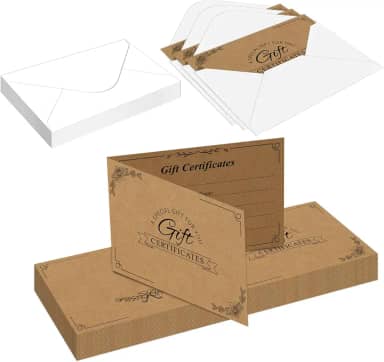 Vales de presente, vales de presente Kraft em branco para empresas, 50 vales de presente em branco com 50 envelopes, bom para presente, salão de beleza, restaurantes e aniversário, 9,99 x 15 cm