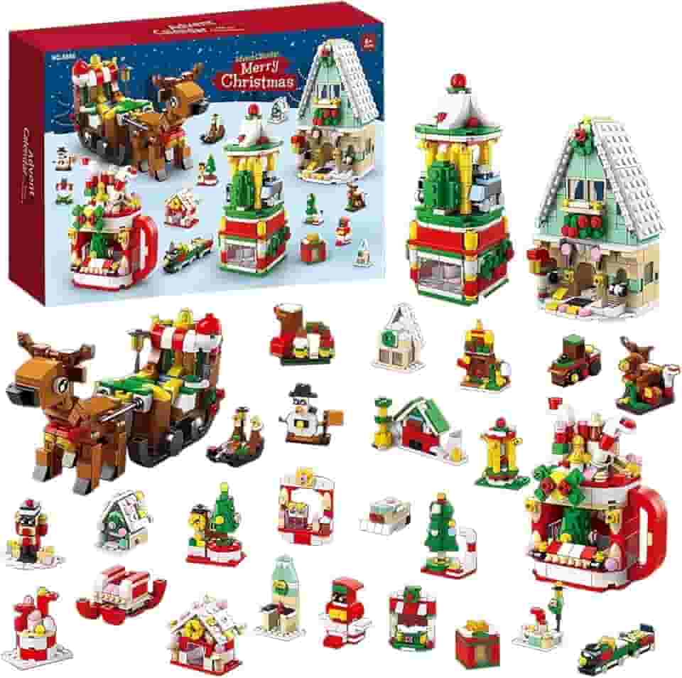 Calendário Do Advento Natalino 2025, Kit de Construção 6 em 1 com 24 Surpresas, Blocos Compatíveis com Lego, Presente para Crianças, Meninos e Meninas a Partir de 6 Anos, Reno e Taça de Natal (Rena de Natal)