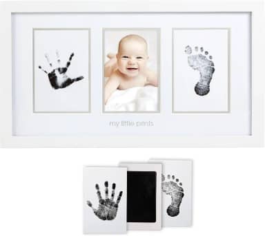 Pearhead Kit de moldura para fotos com impressão de mão e pegada para recém-nascidos, almofada de tinta segura para toque limpo incluída, presente para novos pais para o Natal ou chá de bebê, branco