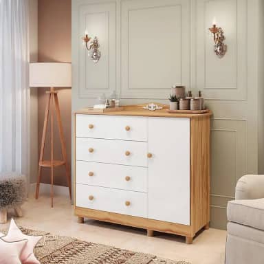 Cômoda de Bebê 120,30cm 1 Porta e 4 Gavetas 100% Mdf Maya Clássico Espresso Móveis Branco Brilho/Amêndoa