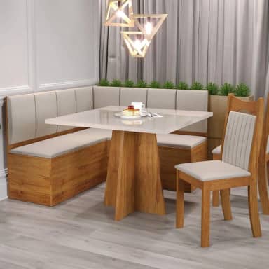 Conjunto Canto Alemão com Baú Bariloche Mesa Quadrada 90x90 sem Vidro e 2 Cadeiras Dallas em Mdp/mdf Mel/Blonde/Marfim