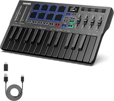 Donner Controlador De Teclado Midi Usb-C, Mini Teclado Midi Portátil De 25 Teclas Com 8 Pads De Bateria, Display Oled, 16 Escalas Inteligentes, Arpejo, Replay, 4 Softwares Daw E 40 Cursos De Ensino,