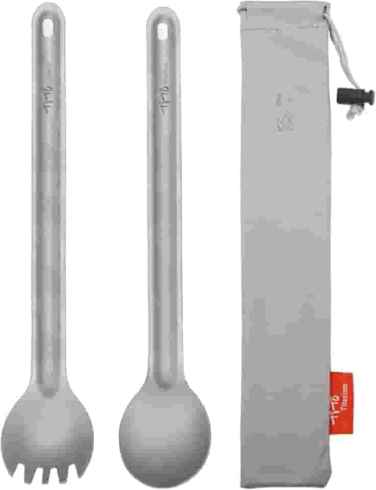 TiTo Titanium Talheres Portabale Ultraleve Ecológicos de Cabo Longo para Acampamento ao Ar Livre, Mochilão, Caminhadas, Viagem, Piquenique, Talheres com Bolsa (2 Peças Jateamento de Areia)
