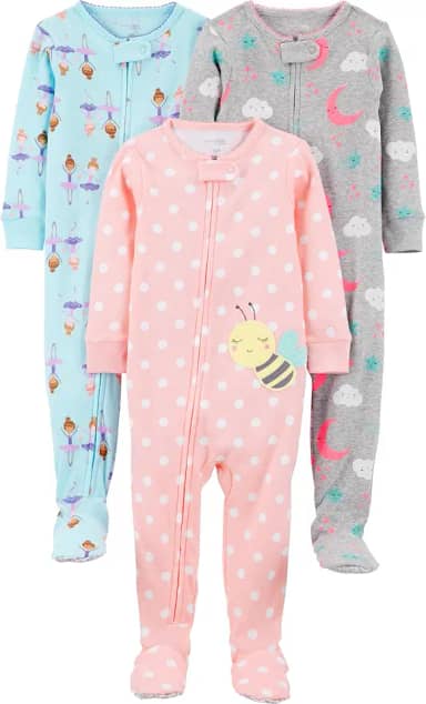 Pacote com 3 pijamas de algodão com pés de ajuste confortável para meninas