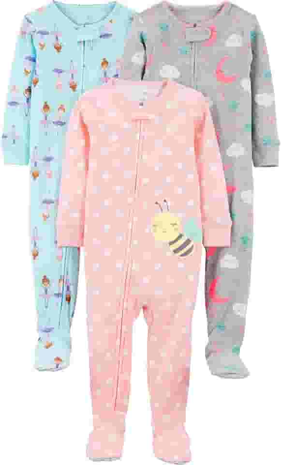 Pacote com 3 pijamas de algodão com pés de ajuste confortável para meninas
