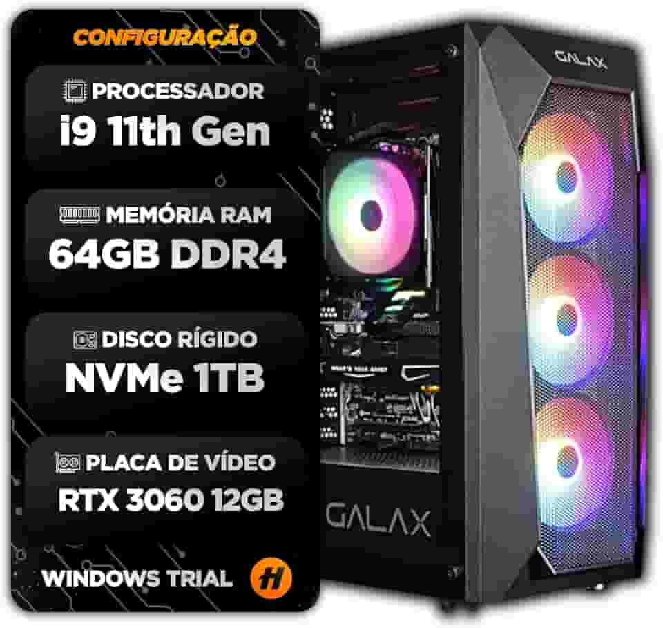 Pc Gamer Core I9 11900F 11º Men 64gb Ssd 1tb Rtx 3060 12gb water cooler 120mm
