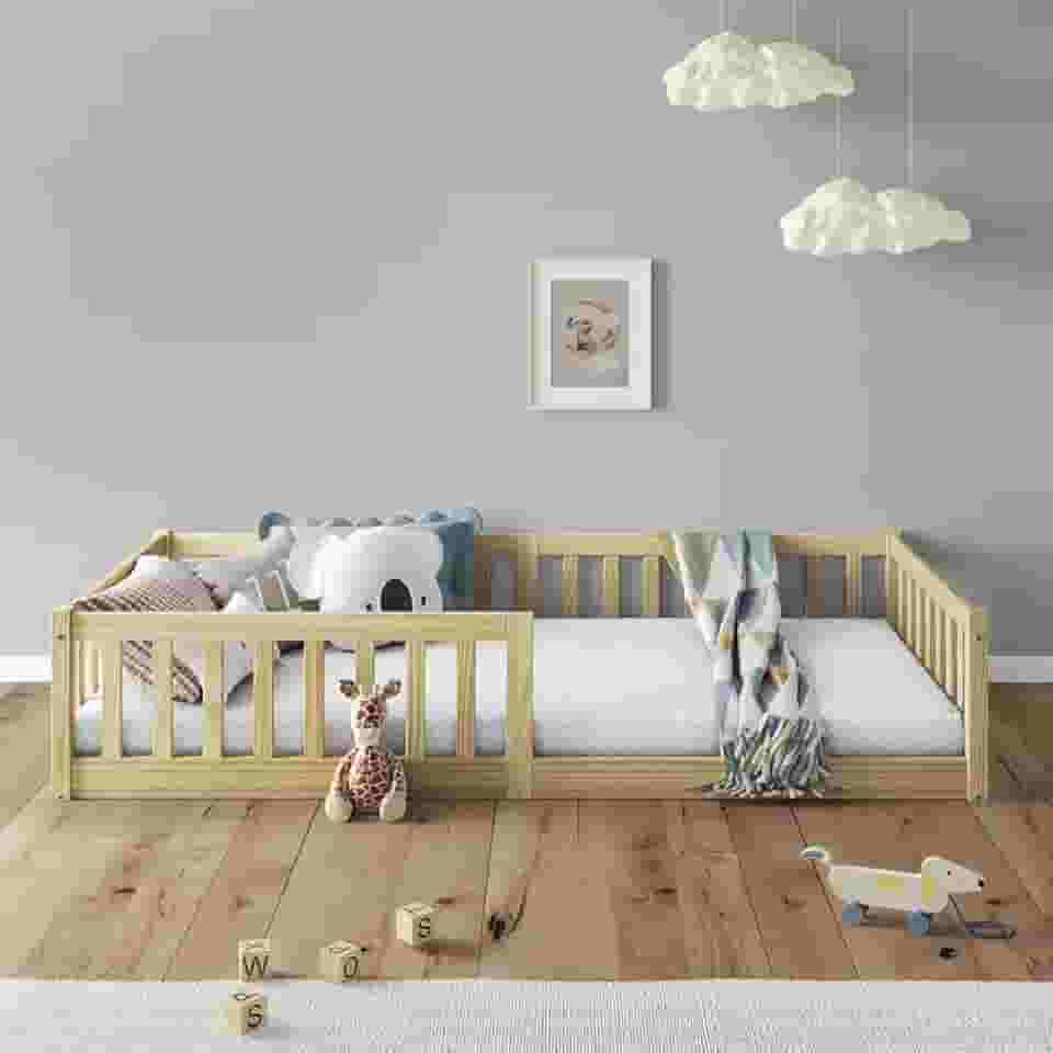 IDIMEX Cama Infantil de Madeira Solteiro Montessoriana de Chão com Grades Laterais de Proteção Gustavo cor Natural