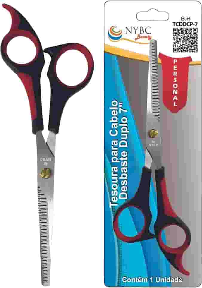 NYBC Beauty Tesoura Profissional para Desbaste Duplo, 7' Polegadas, Cabo Vermelho e Preto, Leve e Eficiente, Para Uso Doméstico e Profissional