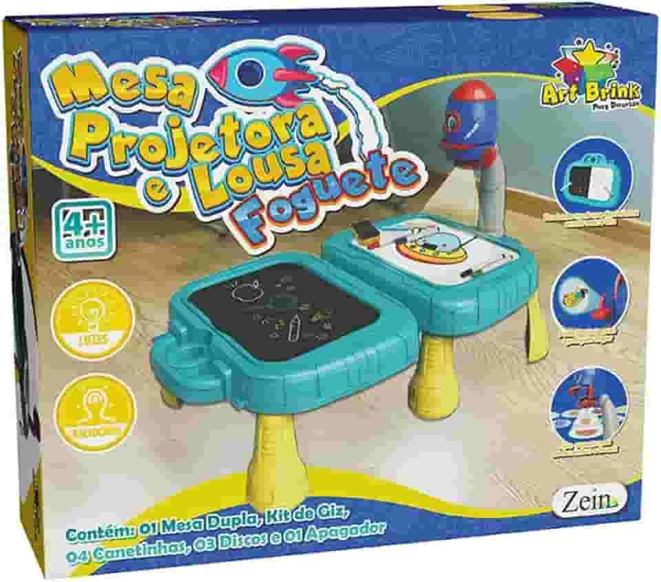 Mesa Projetora e Lousa Foguete, Kit Criativo com Projetor, Quadro Duplo e Acessórios para Desenho, 4+ Anos