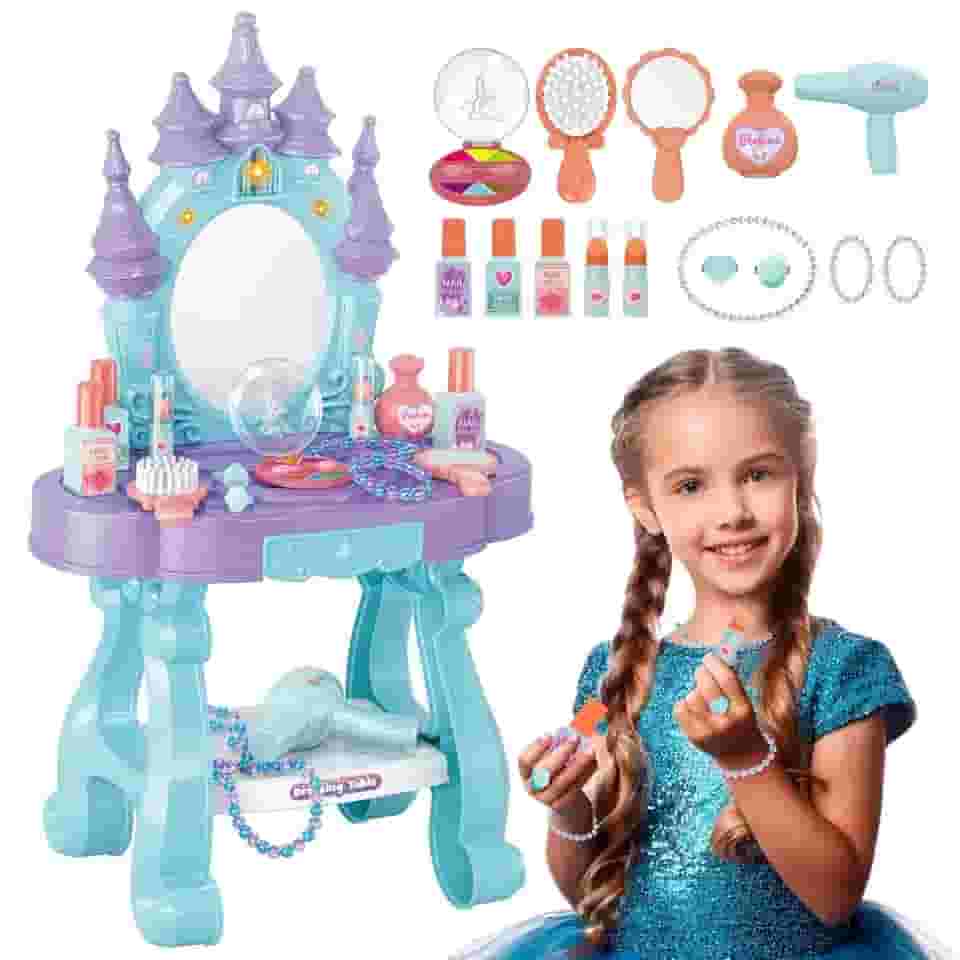 Penteadeira Princesa Infantil Castelo Emite Luz e Som com 15 Acessórios de Beleza Fashion