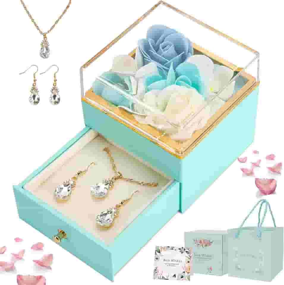 Caixa Rotativa Rosa Eterna, Presente para Namorada, com Colar e Brincos para Caixa de Presente de Joias Flor de Rosa, Presente Feminino, Rosa Eterna, Colar Feminino, Joias Femininas(Azul)