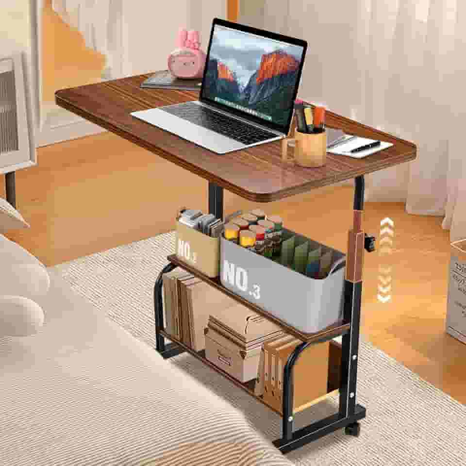 Mesa Multiuso Mesinha para Notebook, Mesa Lateral para Sofá, Regulagem Altura 63-87cm, Ajustavel com Rodinhas, Marrom