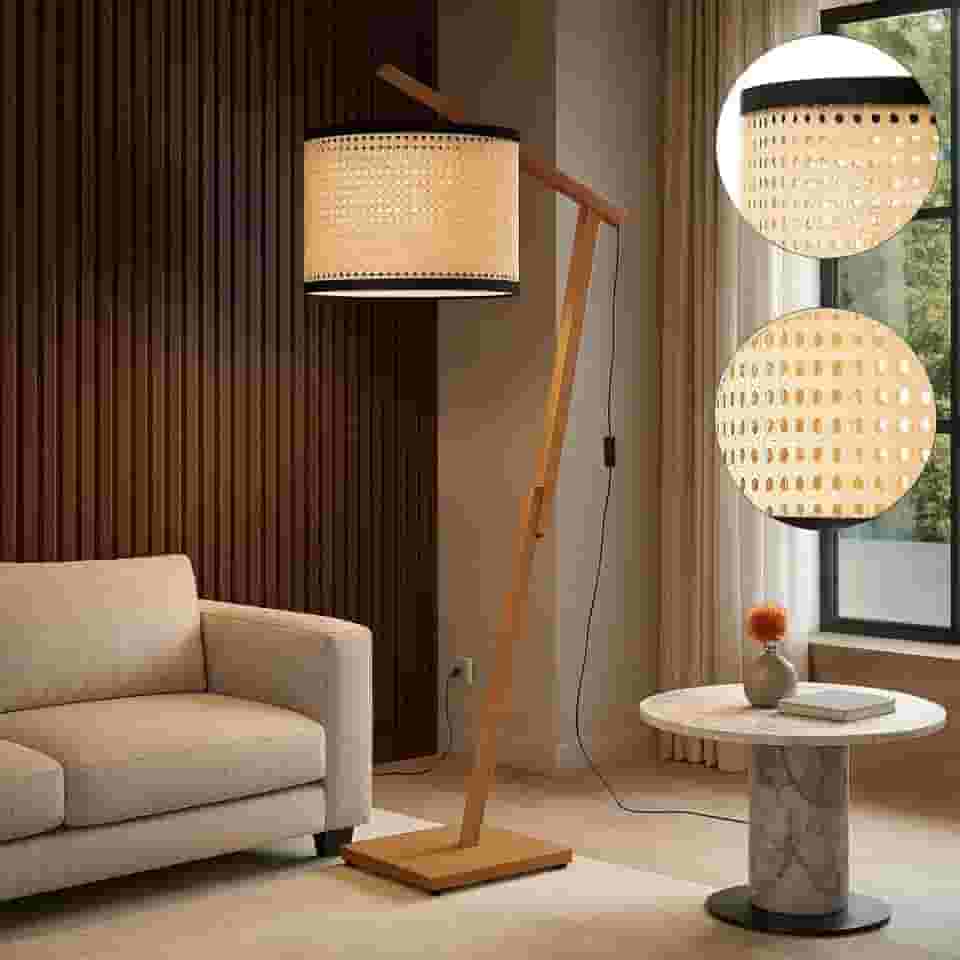 D+MOB Luminária Aurora De Chão Em Madeira Com Cúpula Palha Moderno
