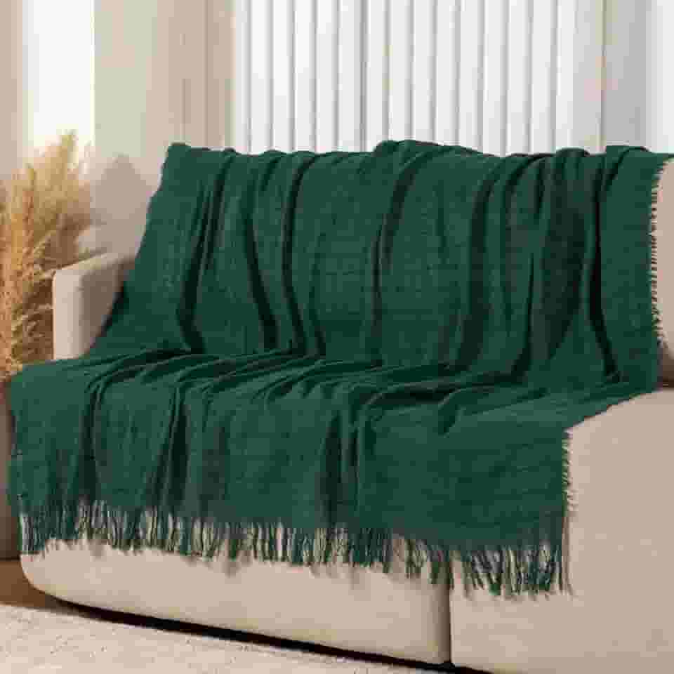 Manta Artesanal de Algodão 1,40x1,70m para Sofá e Cama – Franja Manual, Macia, Decorativa, Atemporal e Confortável (Verde, 140 x 1,70)