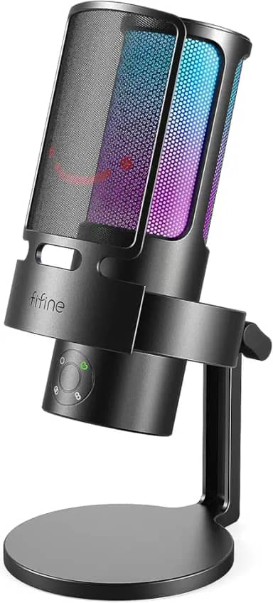 FIFINE Microfone USB para jogos PC,Streaming Podcast Mic com 4 padrões polares,mudo,saída para fones de ouvido,microfone condensador RGB para gravação vocal - A8PLUS