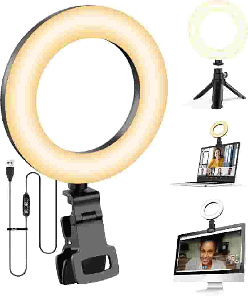 Tobeape Ring Light 5' com Tripé e Clipe, Luz de Selfie com 5 Cores e 10 Níveis de Brilho, Rotação 360° para Mesa, Maquiagem, Zoom e TikTok