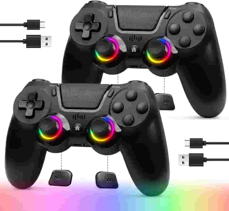 TJPD 2 Pack for PS4 Controller, Wireless Controller for PS4/Pro/Slim/PC, with 2 Rear Button and 2 USB-C Cable! (Black and Blue)