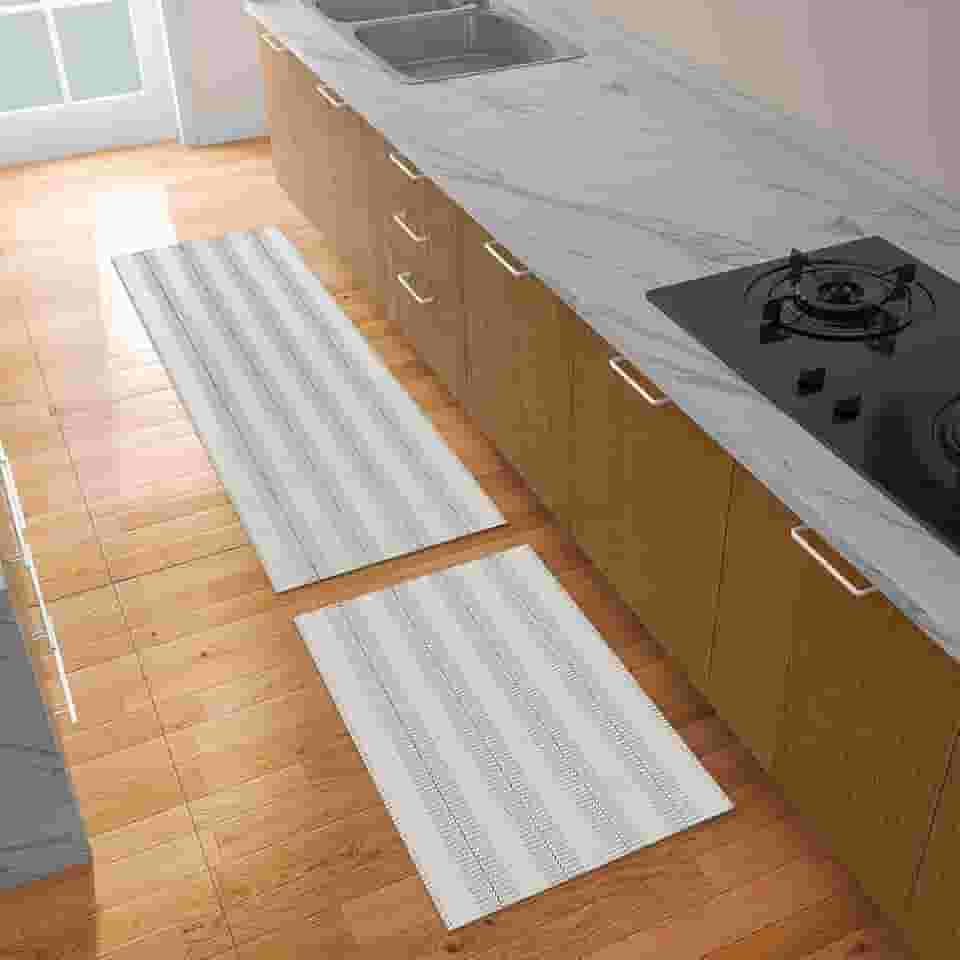 Kit Tapete Cozinha 2 Peças de Algodão com Antiderrapante Conjunto Passadeira 1,30m x 45cm Capacho 65cm x 45cm Trilho Cru Listrado Minimalista Rústico Lavável