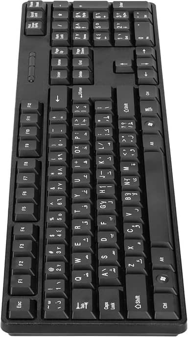 Teclado USB para escritório, 104 teclas, tamanho completo, preto, design ergonômico, teclado durável em árabe, letra inglesa, para computadores e laptops mecânicos de negócios