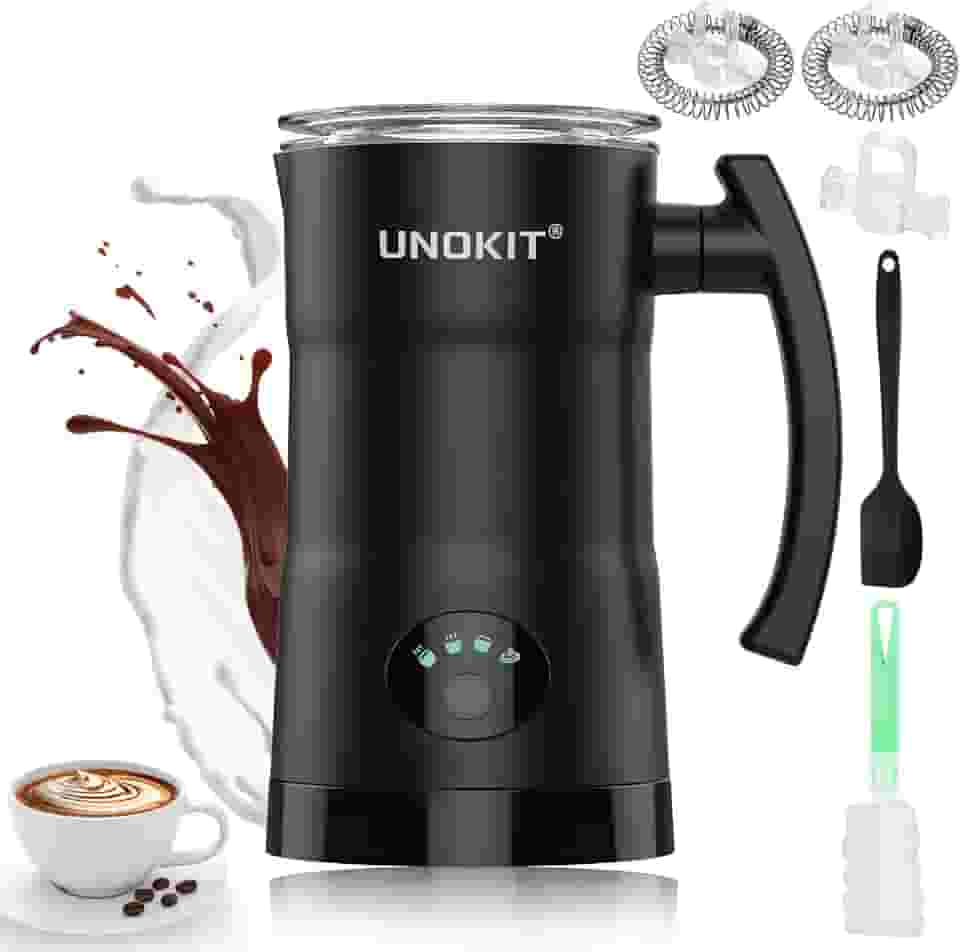 Unokit Espumador De Leite, Vaporizador E 4 Em 1 Com Controle Temperatura Desligamento Automático, Aquecedor 350 Ml, Máquina Espuma Quente Fria Para Café, Latte, Cappuccino, Macchiato, Preto