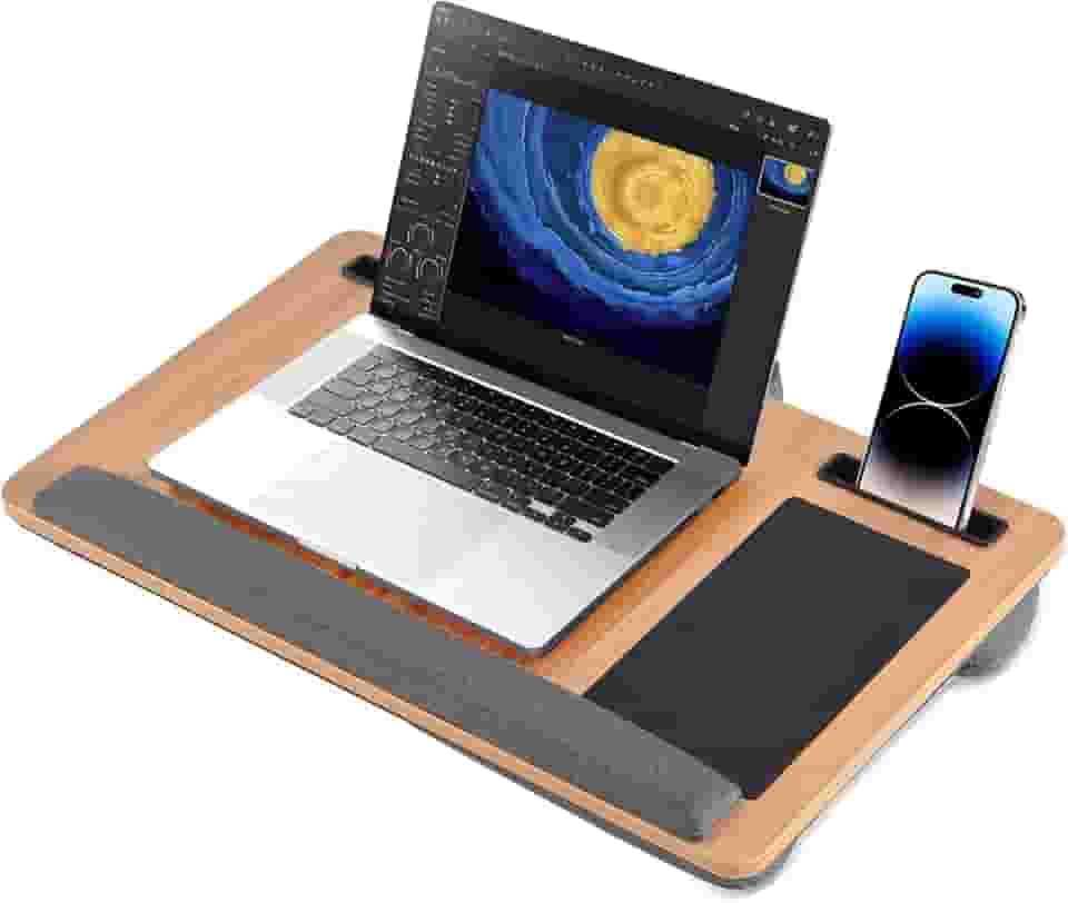 Mesa de Colo, Mesa Portatil para Notebook, 55 × 34cm, Acomoda Laptops de 17,3 polegadas, Mesa Notebook Cama Base em Almofada com Slot para Celular Tablet e Objetos
