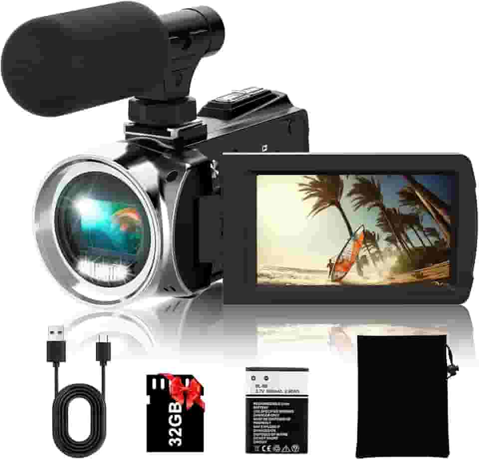 Rawiemy Câmera de vídeo FHD 4K 36MP Vlogging para gravador de vídeo do YouTube 3 polegadas com rotação de 270 graus, câmeras de vídeo para filmar com microfone, cartão SD de 32 GB (preto)