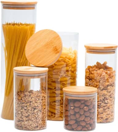 Potes Herméticos de Vidro com Tampa Bambu Porta Mantimentos Transparente Kit 5 Unidades