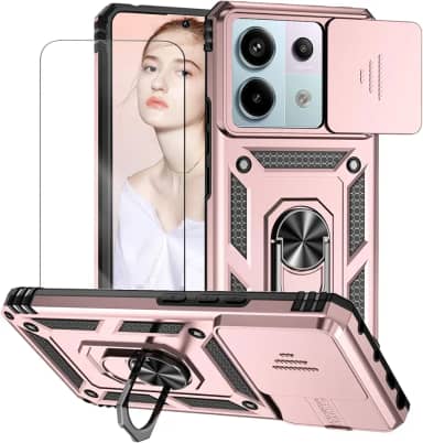 Capa para Xiaomi Poco X6 e Redmi Note 13 Pro 5G Capinha | com 2 peças de protetor de tela temperado com janela deslizante da câmera e suporte para telefone incluídos - Rosa