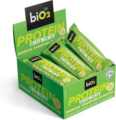 Barra de Proteína Crocante biO2 Protein Crunchy Baunilha com Matchá, Caixa com 9 unidades de 50 g, Vegana e sem Glúten