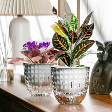 Pacote com 2 vasos de plantas autoirrigáveis de 10 cm para plantas de interior, vasos de violetas africanas com orifícios de drenagem e bandeja, vasos modernos de plástico para berçário de