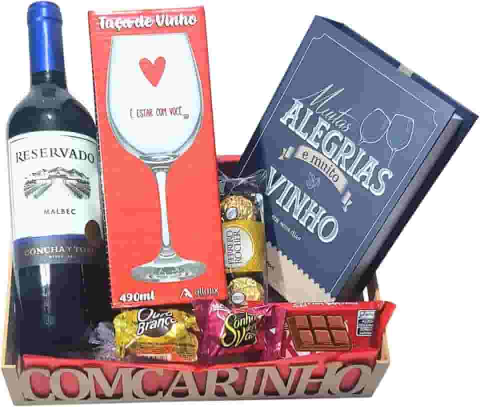 Cesta De Presente Premium com Kit Vinho Brasfot, Taça 490ml e Bombons