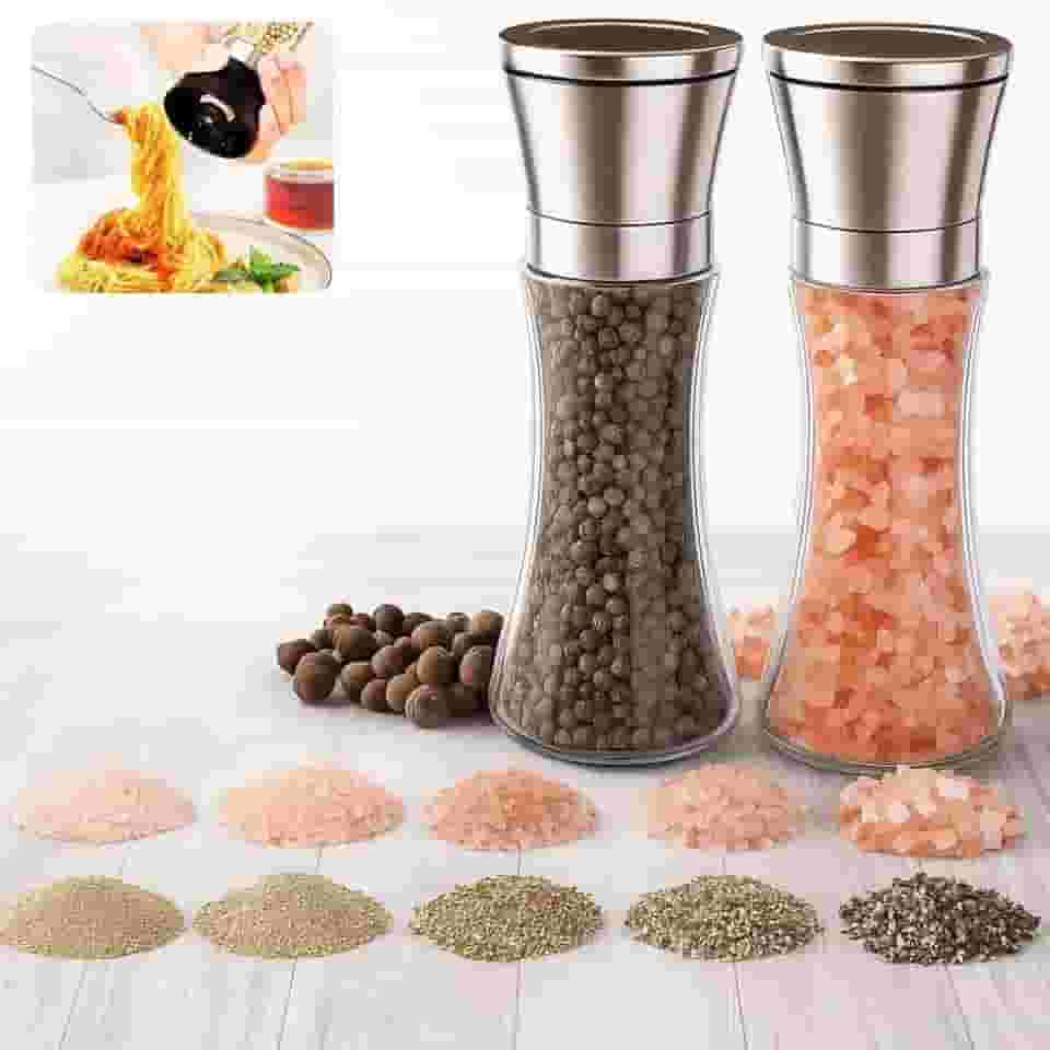 Moedor de Tempero 200 ml em Vidro – Regulador com 5 níveis de moagem – Sal, Pimenta e porta sal saleiro de mesa saleiro e pimenteiro – Design Ergonômico para Cozinha - Premium